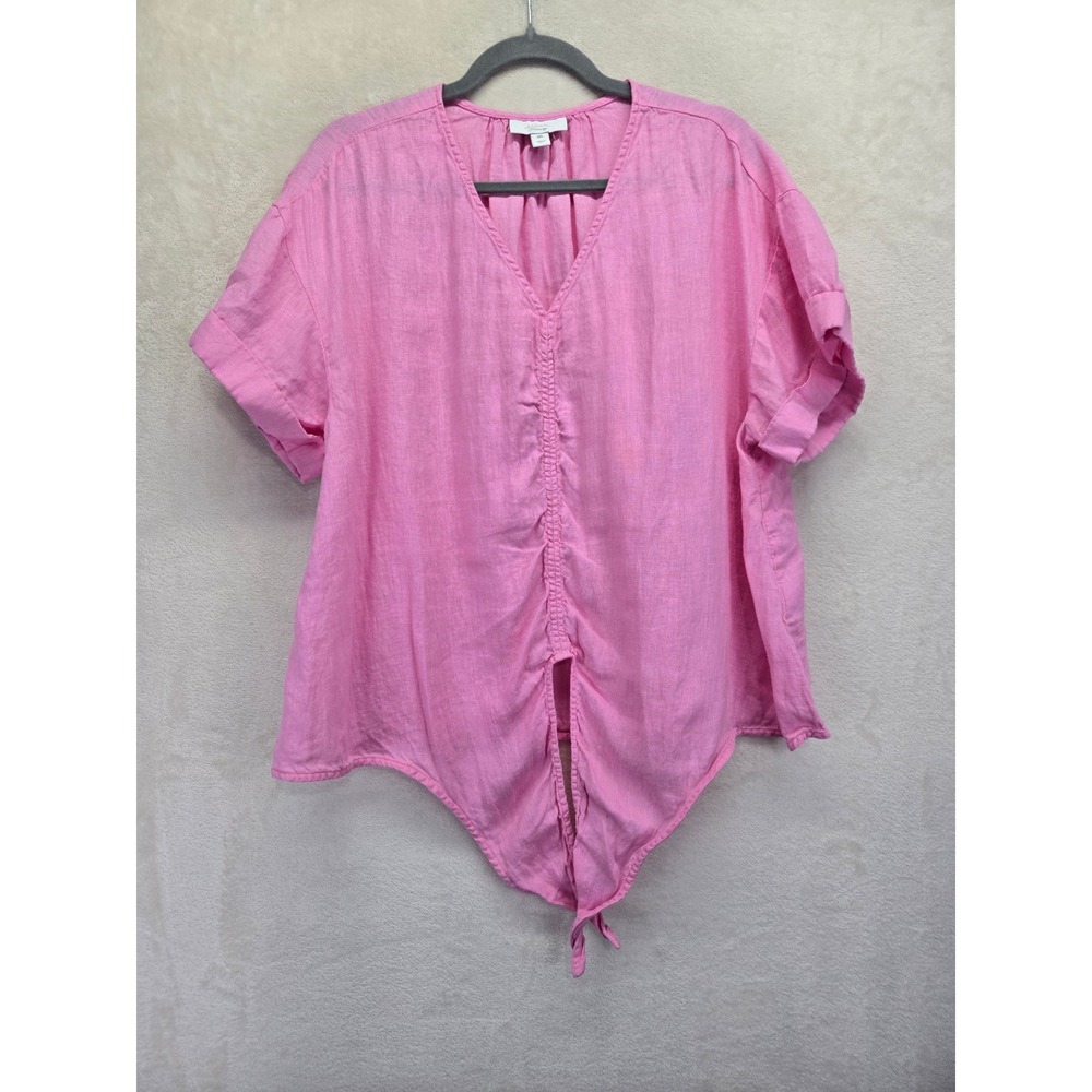 Charter Club Luxury Linen Pink V-Neck Tie Front Short Sleeve Top XXL Barbiecore